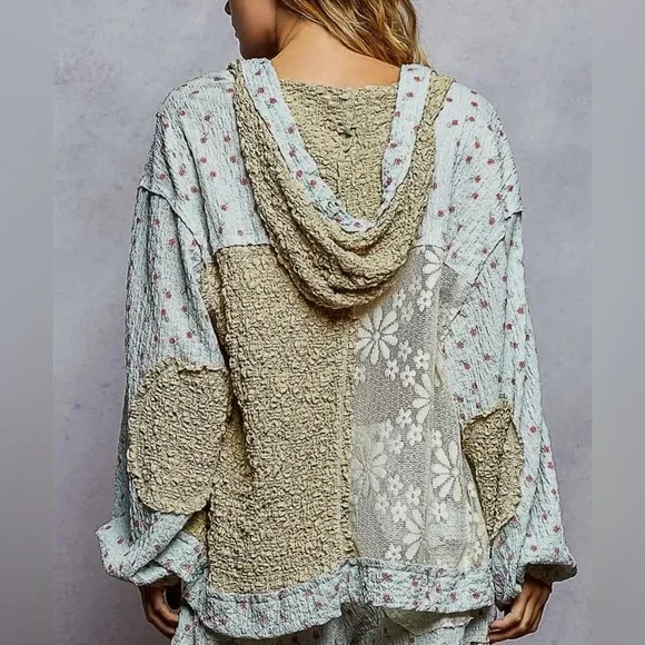 POL Hooded Boho Cottagecore Floral Lace Hoodie Jacket Sleeve Button Closure - Picture 3 of 7